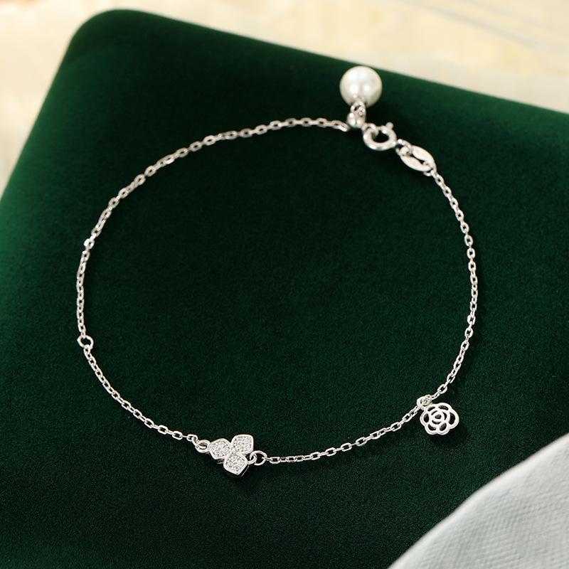 

Браслет из серебра 925 пробы с клевером и розовым жемчугом: Сладкий талисман на удачу для женщин в корейском стиле BRS364 белого золота