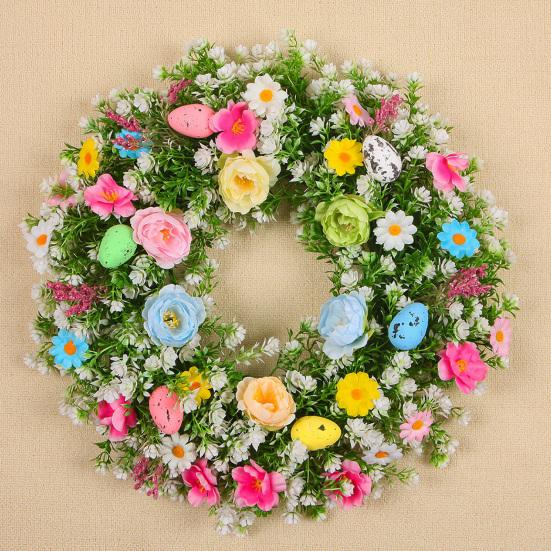 Easter Wreath for Front Door Artificial Spring Floral Wreath with Pastel Eggs for Home Indoor Outdoor