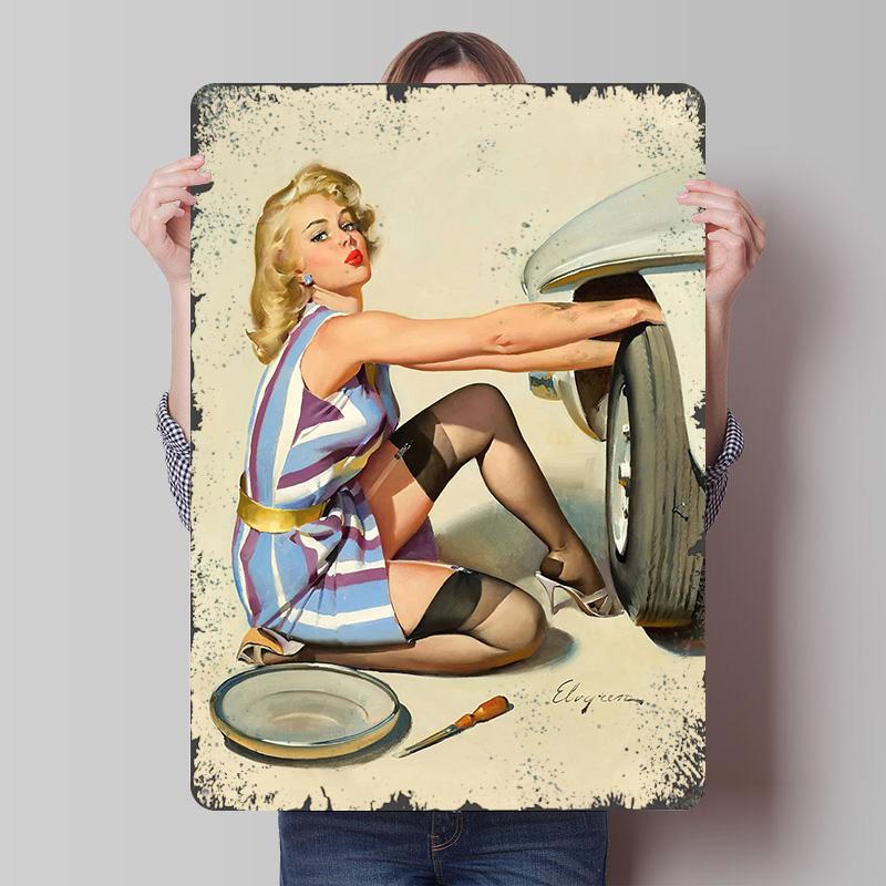 

Pin Up Girl Bar Art Pub Tinplate Poster Customized Wall Art Vintage Retro Metal Signs for Decoration Garage Decorations Man Cave 7.9x11.8In(20x30cm)