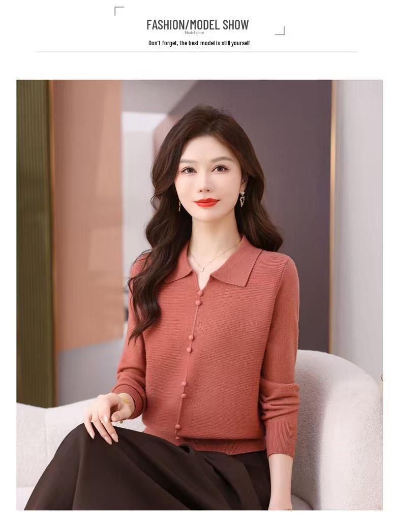 

Женский осенний свитер из мериносовой шерсти с длинным рукавом и воротником поло - Свободный крой, Однотонный, Повседневный трикотаж Large