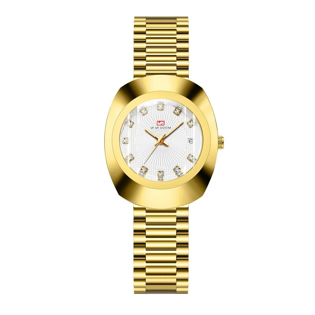 Gold Diamond-Set Waterproof Quartz Couple Watch with Steel Band