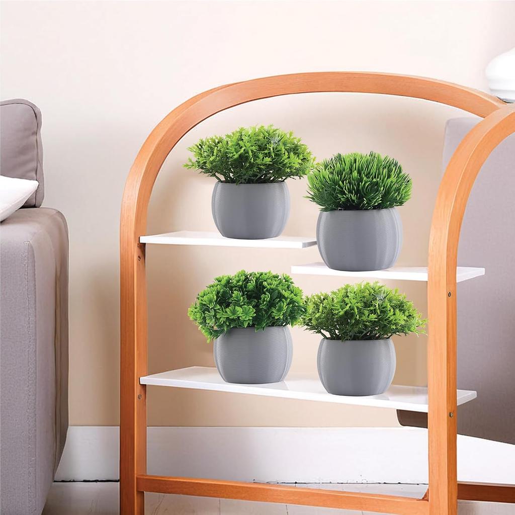 Plastic Mini Bonsai Artificial Plants With Pot, Grey & Green - 4 Piece