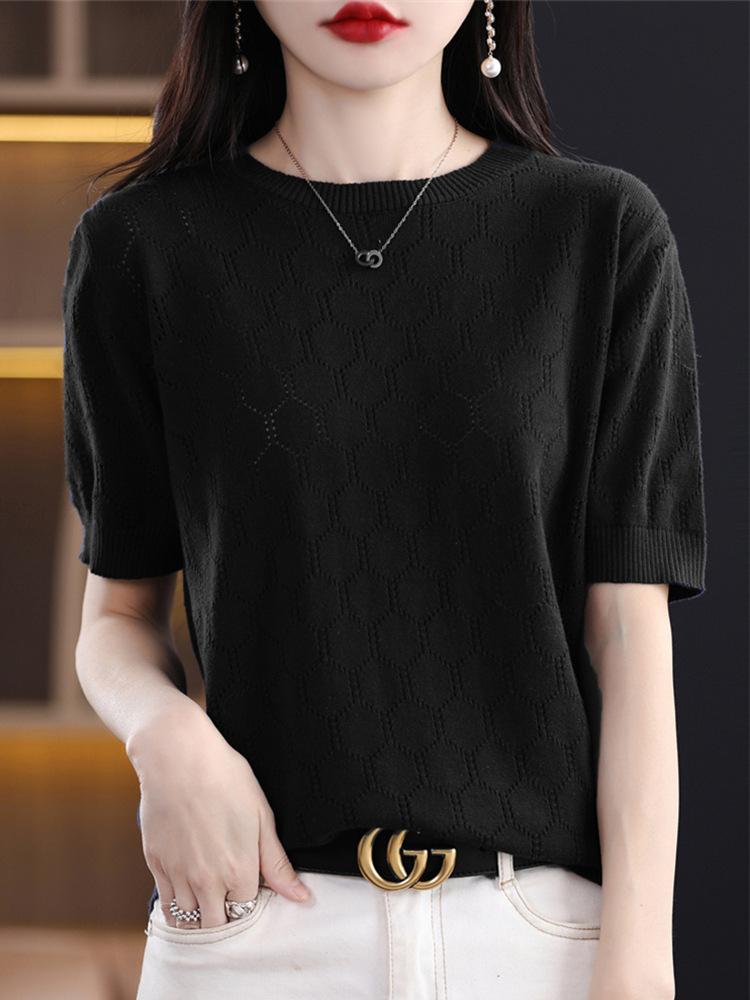 Fashionable Hollow Cotton Knitted Short-sleeved T-shirt for Women In Summer New Round Neck Loose T-shirt Half-sleeved Top