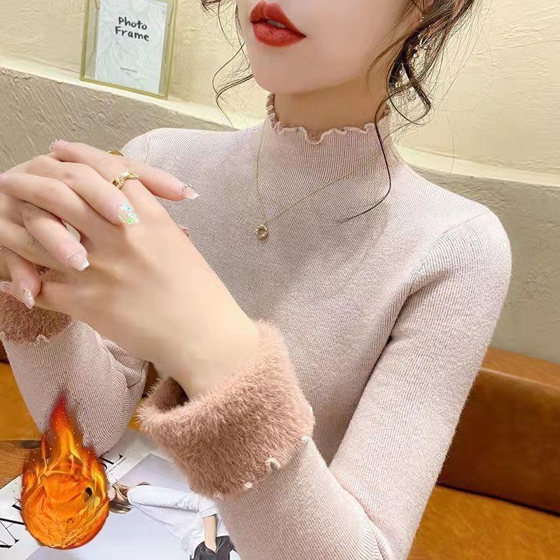 Women's Autumn Winter Slim-Fit Base Layer Sweater with Integrated Fleece Fabric Half-High Neck Thickened Korean Style Sweater