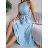 Sleeveless Summer Pleated A-line Dress Casual Solid Color Loose Party Lace-up Elegant Dresses Fashion Midi Sweet Stand Collar Holiday Clothing