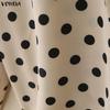 VONDA Elegant Women Tie V Neck Long Sleeve Polka Dots Casual Blouse Tops
