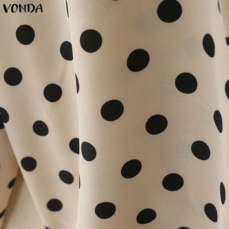 VONDA Elegant Women Tie V Neck Long Sleeve Polka Dots Casual Blouse Tops