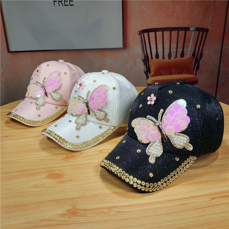 Fashion trendy versatile hat women's butterfly rhinestone belt diamond cap women's fashionable sunscreen baseball cap