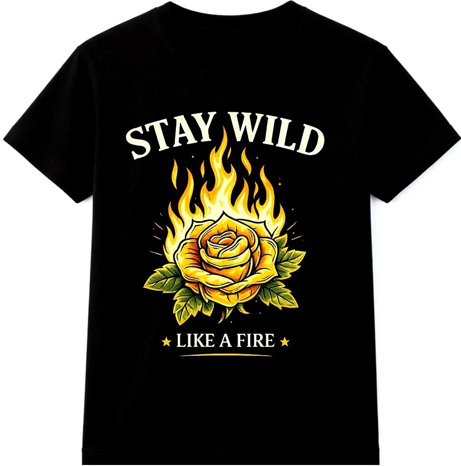 

Stay Wild Like Fire T Shirt Flaming Rose Graphic Gothic Tattoo Style Tee 4XL