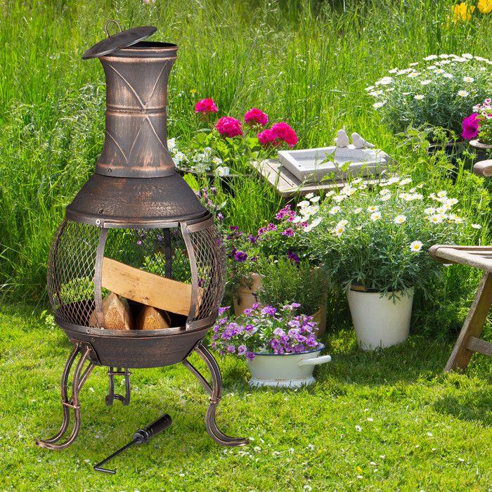 Relaxdays Mexican Fire Pit, Poker, Wooden Grill, Spark Screen, Garden, Terrace, Antique Fireplace, H 89cm, Bronze