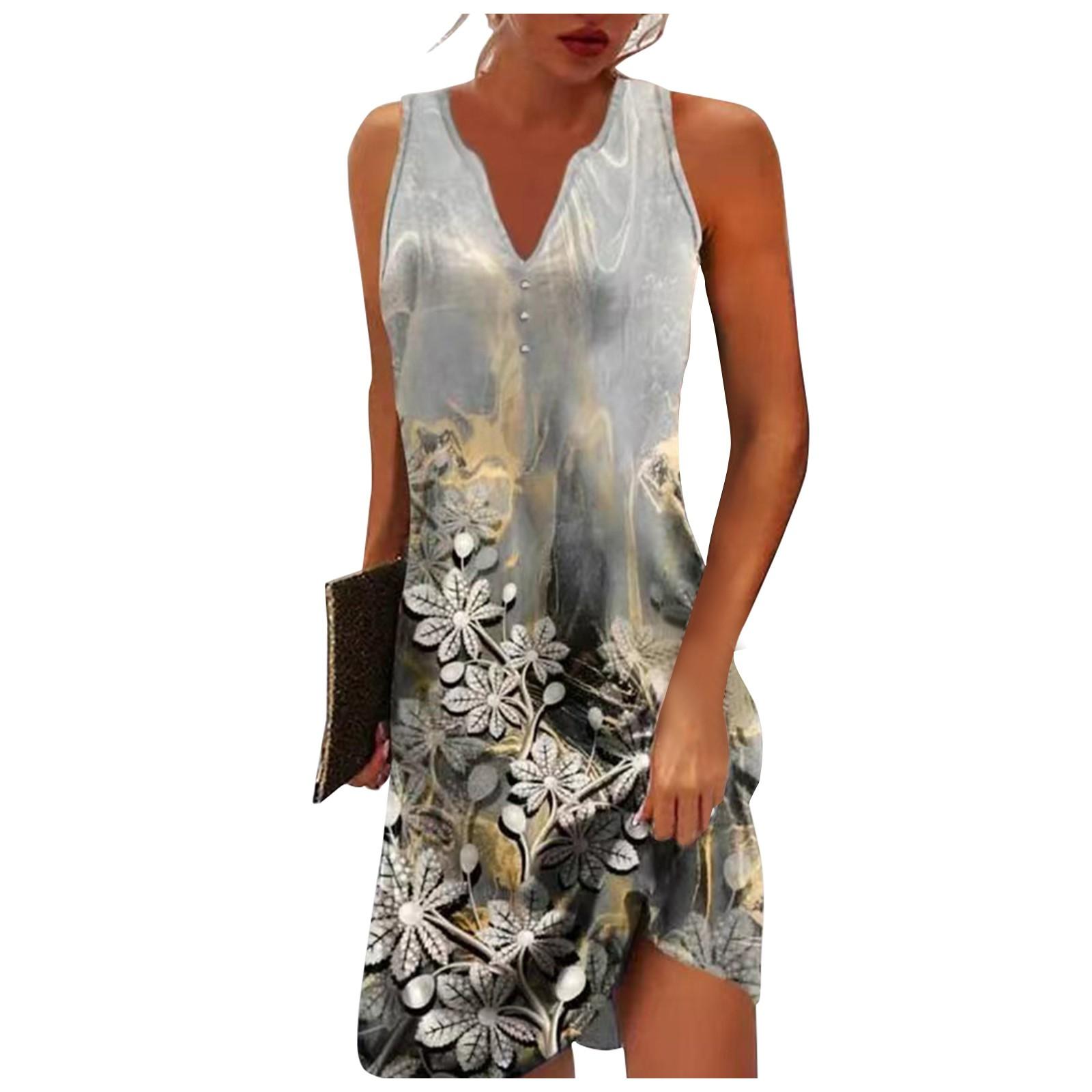 

Женское повседневное платье Платье-майка с цветочным принтом на пуговицах Платье с v-образным вырезом Активная мода Открытый уличный без рукавов Свободный крой Лето S шафрановый