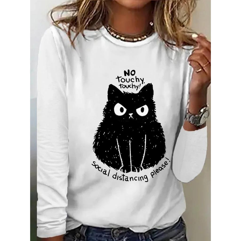 Rundhals 3D-bedrucktes Katzenmuster Top Modische Lässige Langarm Damen T-Shirts