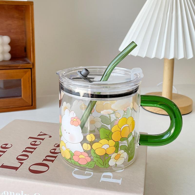 

Kawaii Animal Glass Cup With Lid Straw Cute Flower Coffee Mug Milk Wine Hot Drinks Korean Water Juice Cup Drinkware Gift 600ml 600ml