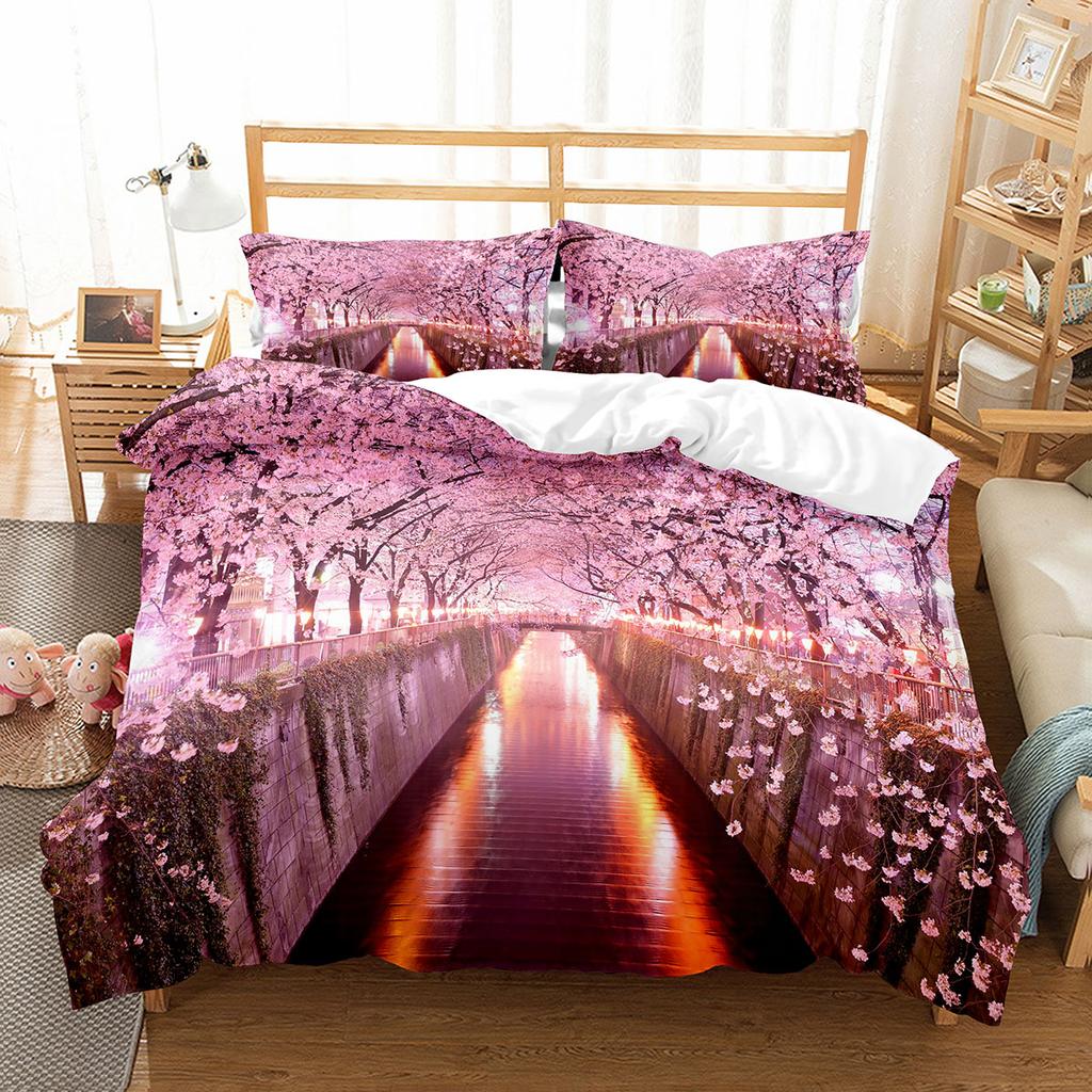 Kirschblüten-Bettbezug-Set, King-Queen-Größe, rosa Blumen-Polyester-Bettbezug für Kinder, Teenager, Erwachsene, Bettwäsche-Set