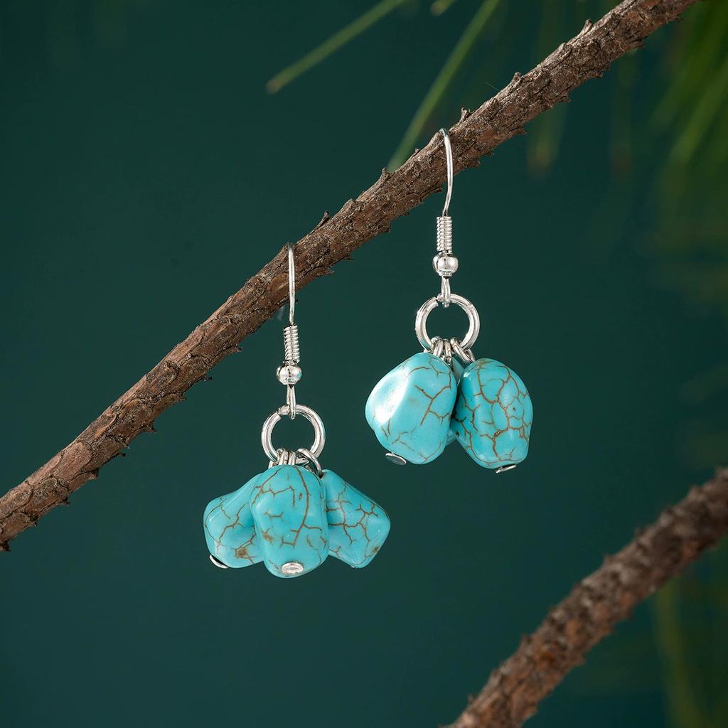 Multiple Design Vintage Natural Turquoise Stone Drop Earrings for Women Silver Color Stone Beads Dangle Earrings