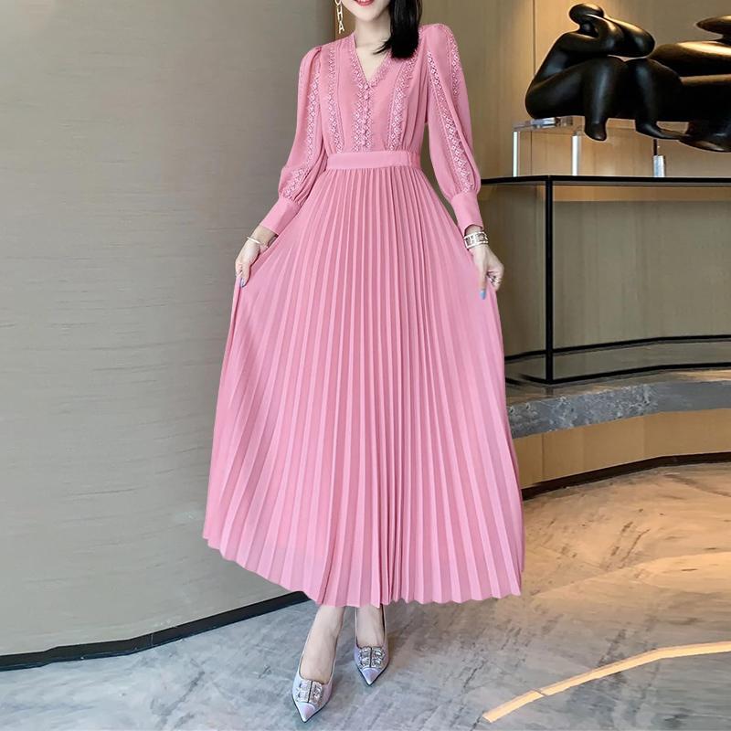ZANZEA Women Elegant Lace Patchwork Casual V-Neck Long Sleeve Pleated Dress S
