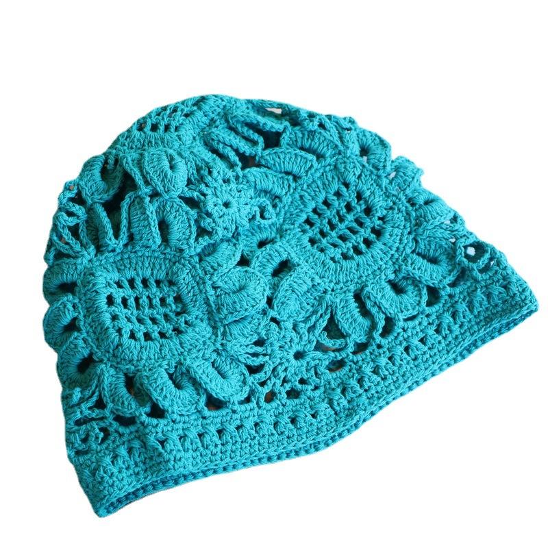 Ethnic Exotic Style Wide Hand Hook Sunflower Retro Baotou Hat Spring and Summer Hollow Cotton Thread Knitted Hat