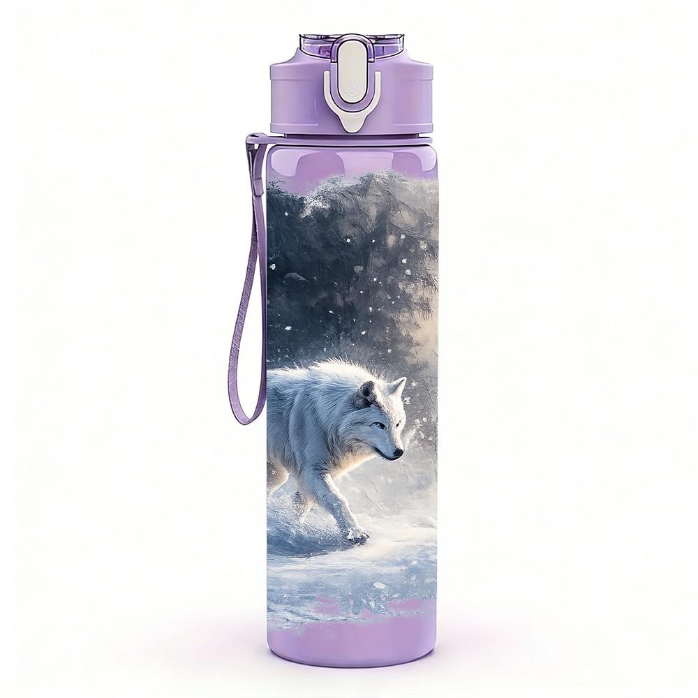 1PC Winter Snow Wolf Wild Animal Print 750ml Color Plastic Sports Water Bottle Leakproof Flip Straw Lid Suitable for Sports Office Home Use