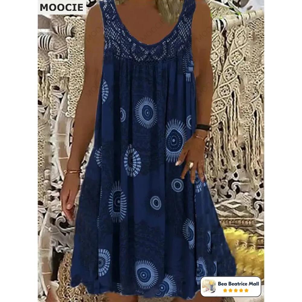 Letní dámské šaty bez rukávů Ležérní falešný dvoudílný kulatý výstřih Dámské džínové šaty Knoflíková ozdoba Volný střih A-line Dámské tílkové šaty