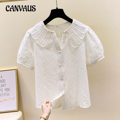 Plus Size Women Doll Collar Short Sleeve Shirt Summer Vintage Jacquard Top