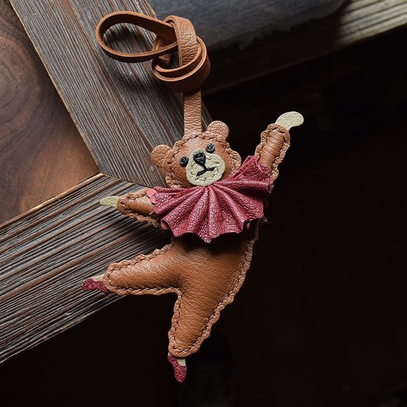 Ballet Bear Original Design Handmade Leather Car Key Bag Pendant Elegant Cute Gift Female Keychain