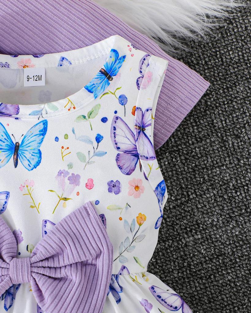 2PCS Baby Girl Butterfly Print Dress with Ruffle Cardigan, Sleeveless Dress & Knit Jacket Set