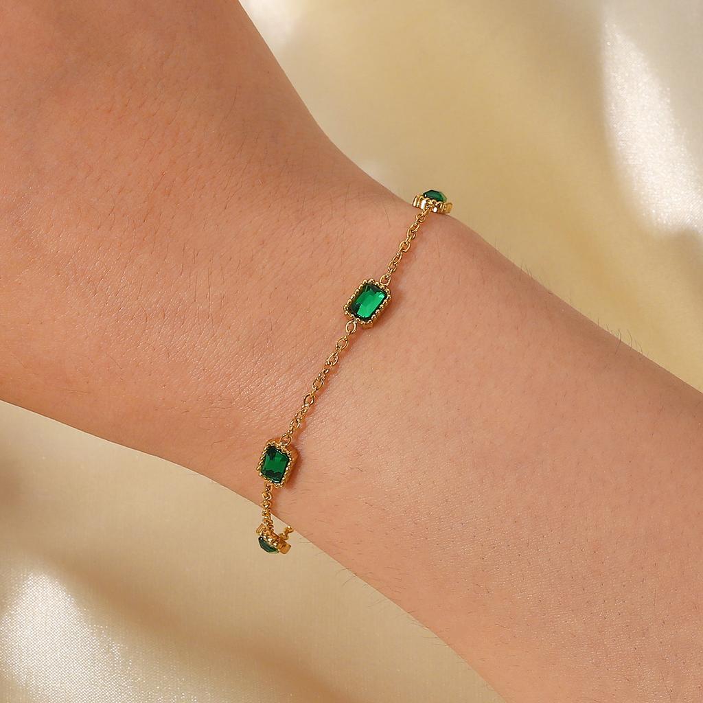 European and American New Bracelets 14K Gold Multiple Square Green Zircon Bracelets, Titanium Steel Fashion Bracelets