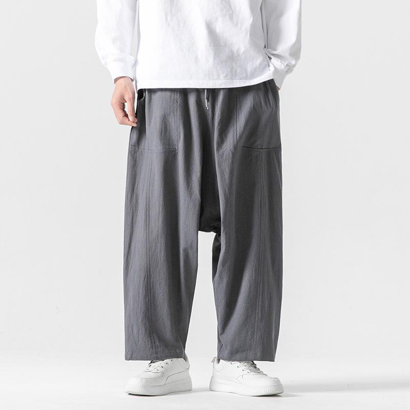 2024 Autumn/Winter Men's Cotton Linen Harem Pants - Chinese Style Patchwork, Casual Wide-Leg