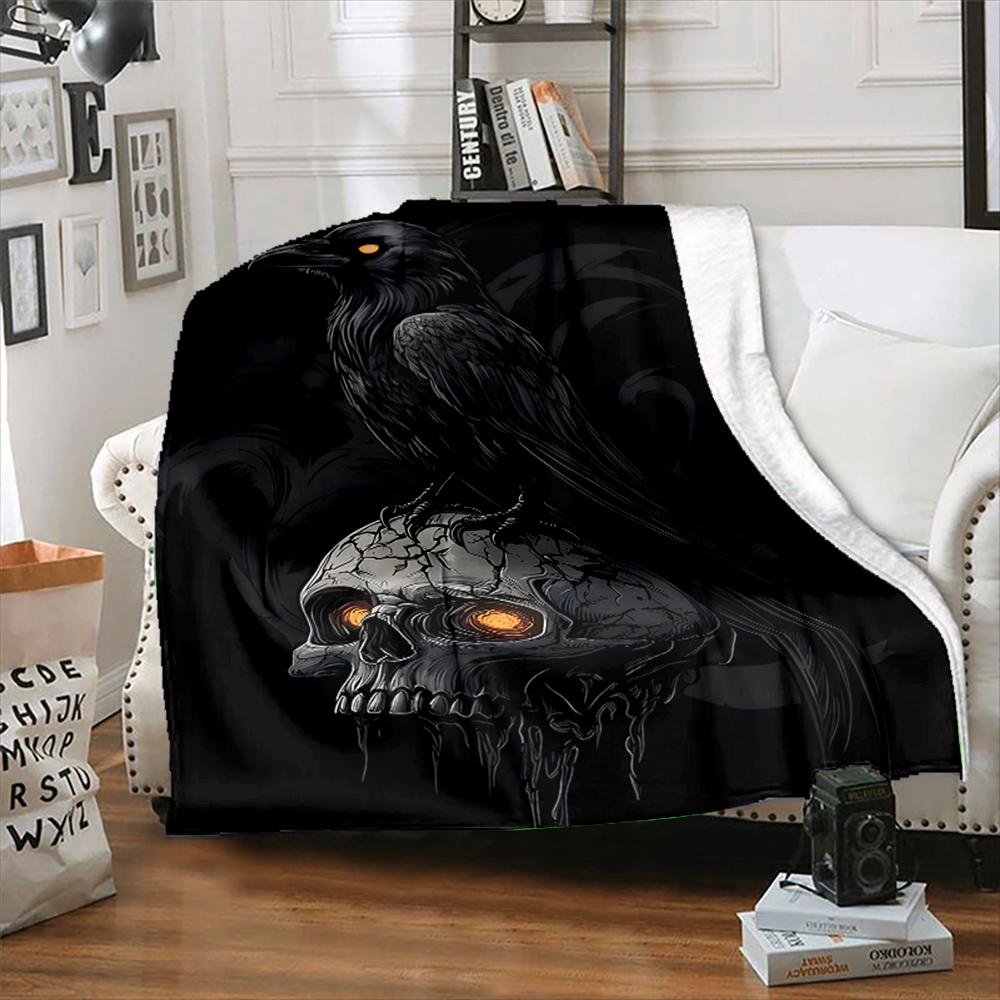 1PC Raven on glowing skull Print Adult Children Warm Blankets Home Travel Car Soft and Comfortable Suitable for all seasons