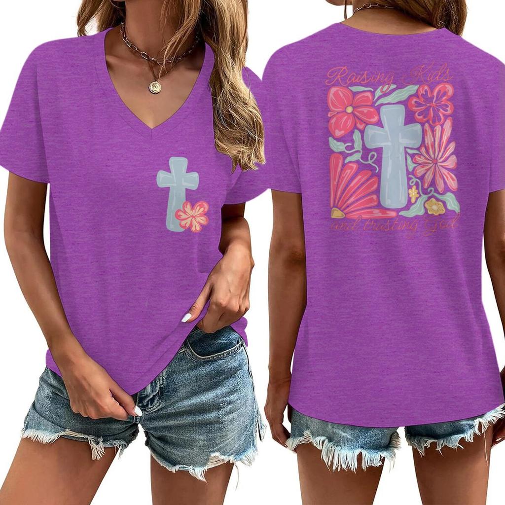 Religious Christian Faith Tshirts Short Sleeve Vneck Casual Tops Jesus Cross Flower Shirt Cross Faiths Casual Tshirt Women