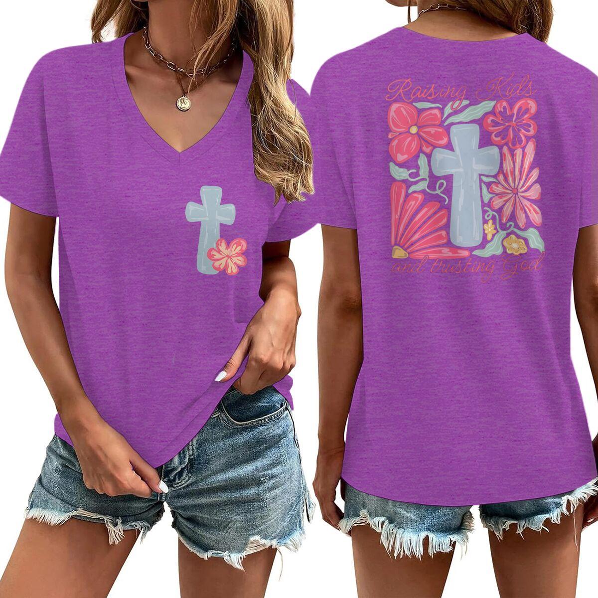 

Religious Christian Faith Tshirts Short Sleeve Vneck Casual Tops Jesus Cross Flower Shirt Cross Faiths Casual Tshirt Women 4XL