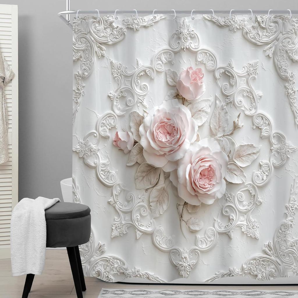 Roze Roos Bloemen Douchegordijn Romantisch Vintage Bloemen Uniek Wit Reliëf Beeldhouwwerk Retro Bladeren Plant Botanisch Badkamer