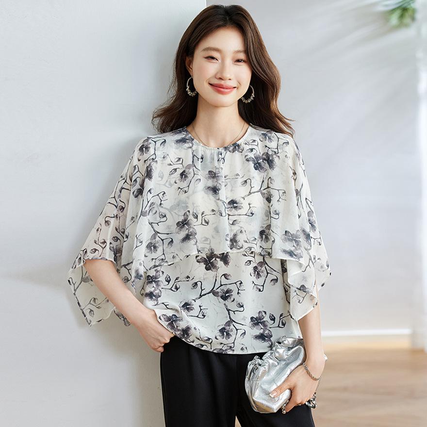 

Summer new round neck printed silk short-sleeved T-shirt women s mulberry silk design loose top thin 2XL