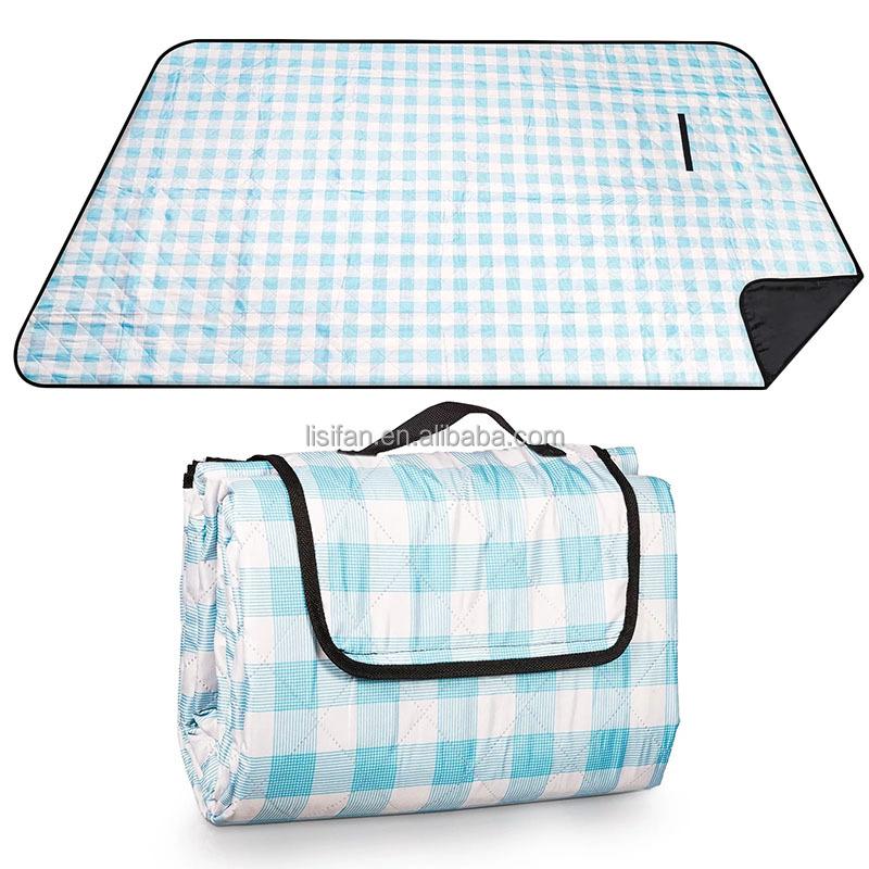 Custom Design Blue Plaid Style Polyester Cotton Waterproof Foldable Outdoor Camping Picnic Mat Beach Blanket 200cm*200cm