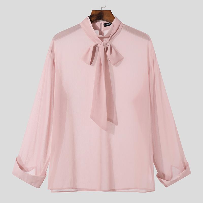 

INCERUN Мужские рубашки с длинным рукавом и галстуком-бабочкой из сетки и прозрачными вставками 3XL розовый