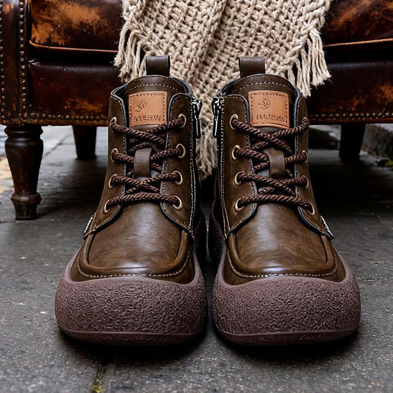 Retro Short Boots Women's Autumn and Winter New Thick-soled Round Head Lace-up Martin Boots Flat-bottomed Velvet Warm Women's Boots