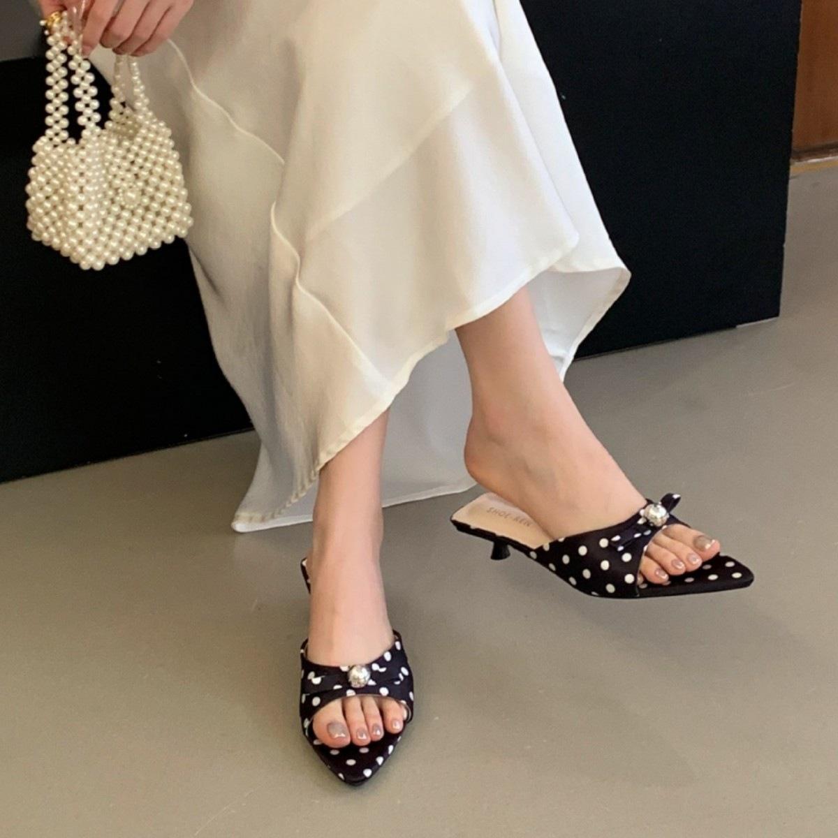 

Bow String, Pointed Kitten And Slippers, Wearing Pearl Open-Toed High-Heeled Cool Slippers 39