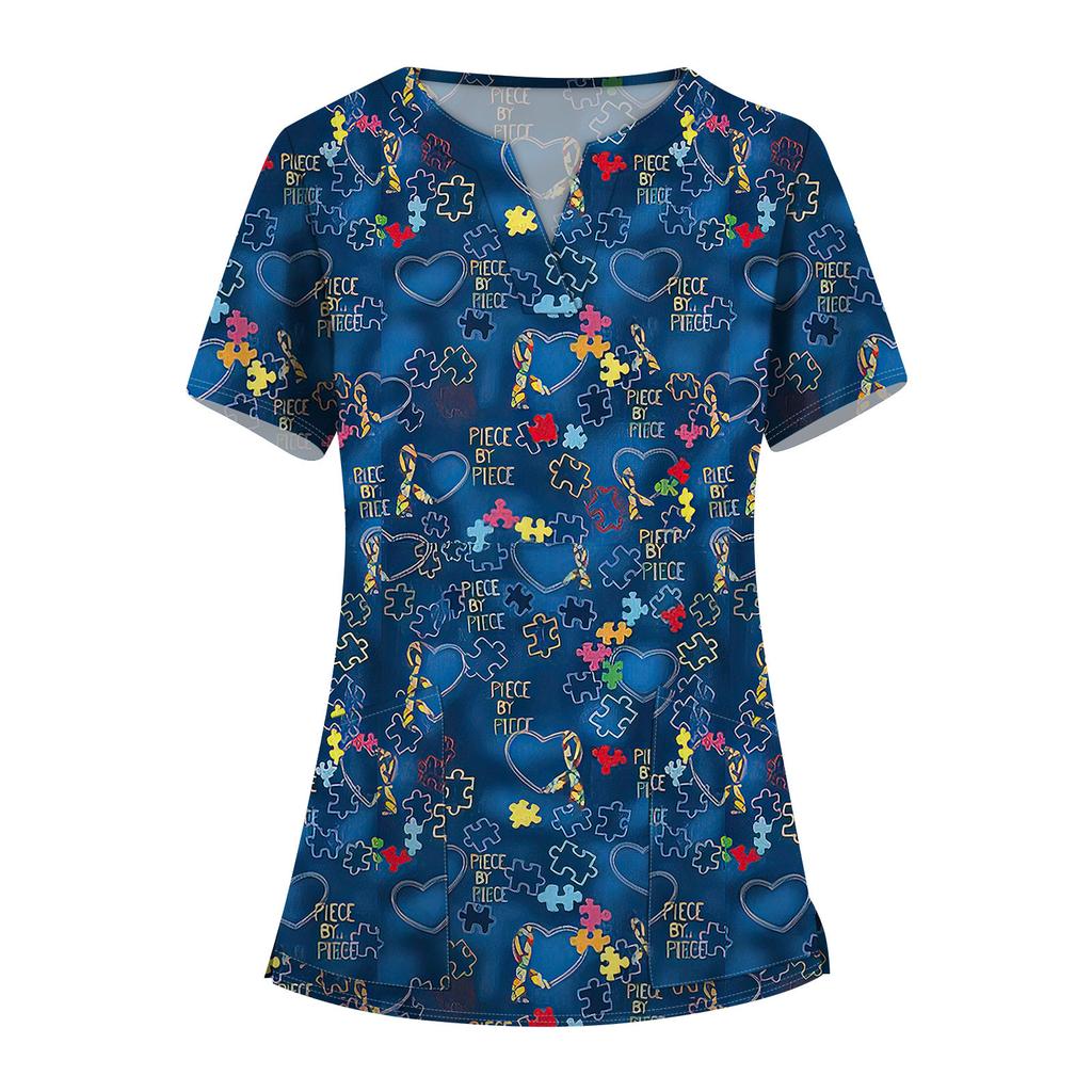 Women's Fashion V-Neck Short Sleeve Overalls With Pocket Printed Tops  Clothes