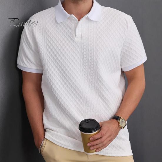 Men Tops Lapel Short Sleeve Solid Color Tee Shirt with Jacquard Decoration Jacquard Fabric Solid Color Tops