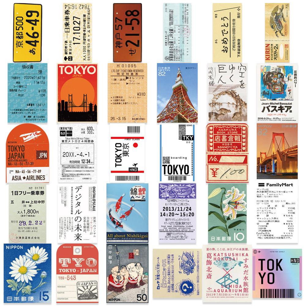 10/30/60pcs Vintage Japanese Travel Tickets Stickers Cartoon Creative Decals Decoration Suitcase Guitar Phone Sticker