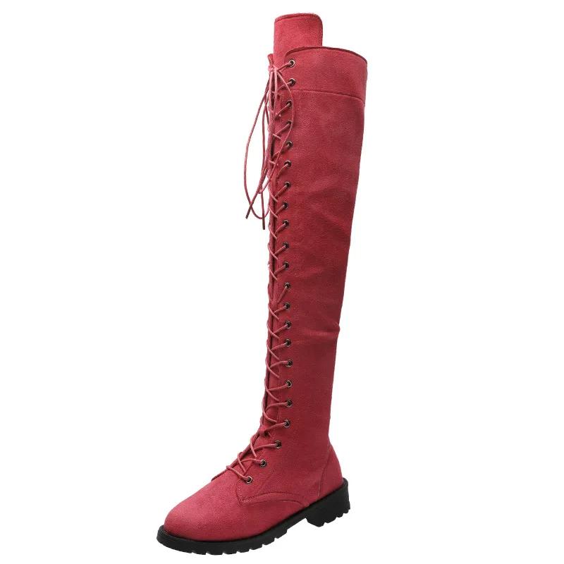 Fashion Casual Women's Boots Low Heels Flock Winter Over Knee Boots for Woman 2025 Lace Up Fashion Female Thigh High Boots2025