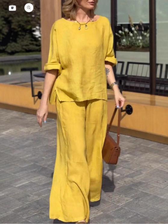 2025 Women's Solid Color Cotton-Linen Summer Set: Loose Casual Two-Piece with Long Pants