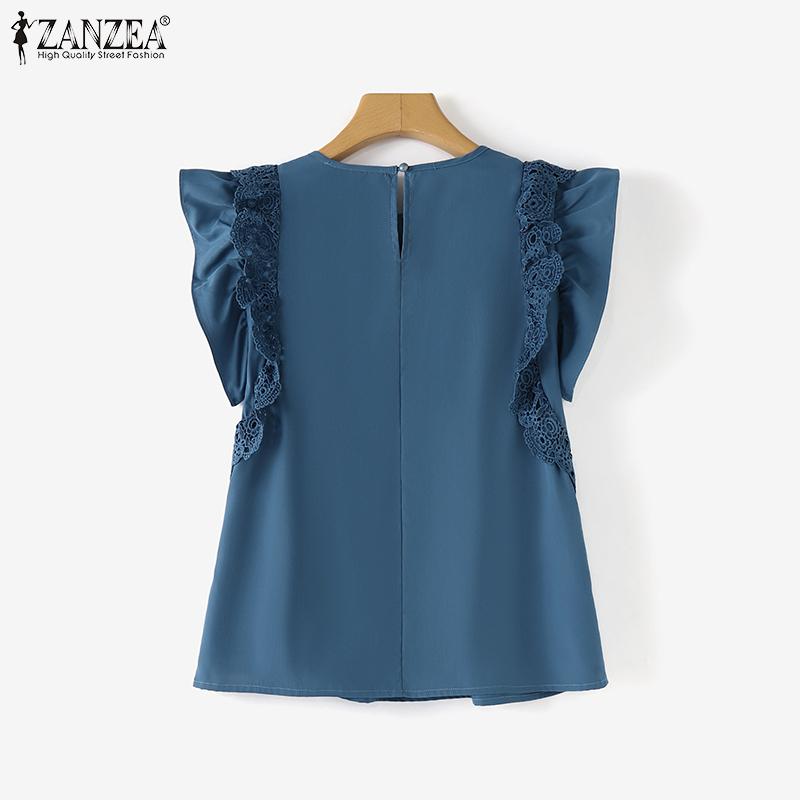 ZANZEA Women Summer Round Neck Layered Ruffle Short Sleeve Lace Blouses