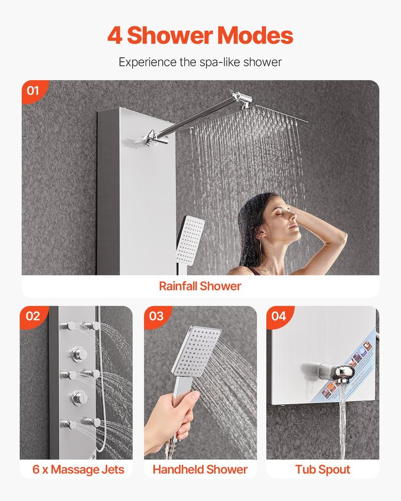 VEVOR Shower Panel Tower System with Rainfall Shower Head, LED, 49 in Brushed Stainless Steel Shower Column, 4-Function Faucet
