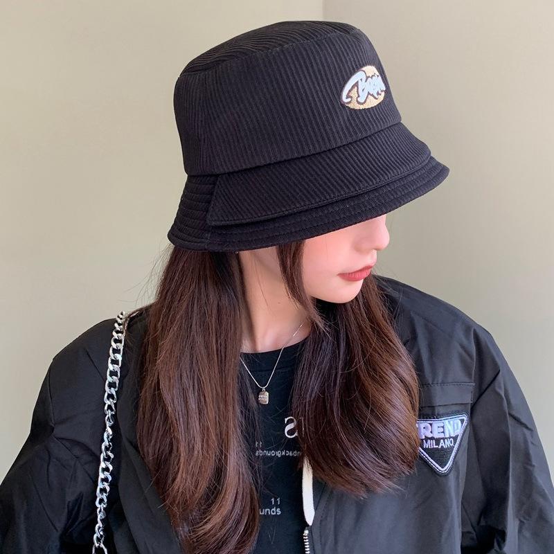 New Autumn and Winter Bucket Hat Women's Fashion Double-brimmed Striped Versatile Corduroy Showing Thin Face Small Letter Basin Hat
