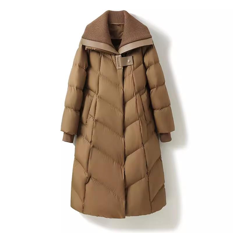 Long White Duck Down Jacket Women's 2025 Winter Fashion Knitted Lapel Thickened Over Knee Profile Jacket Tide