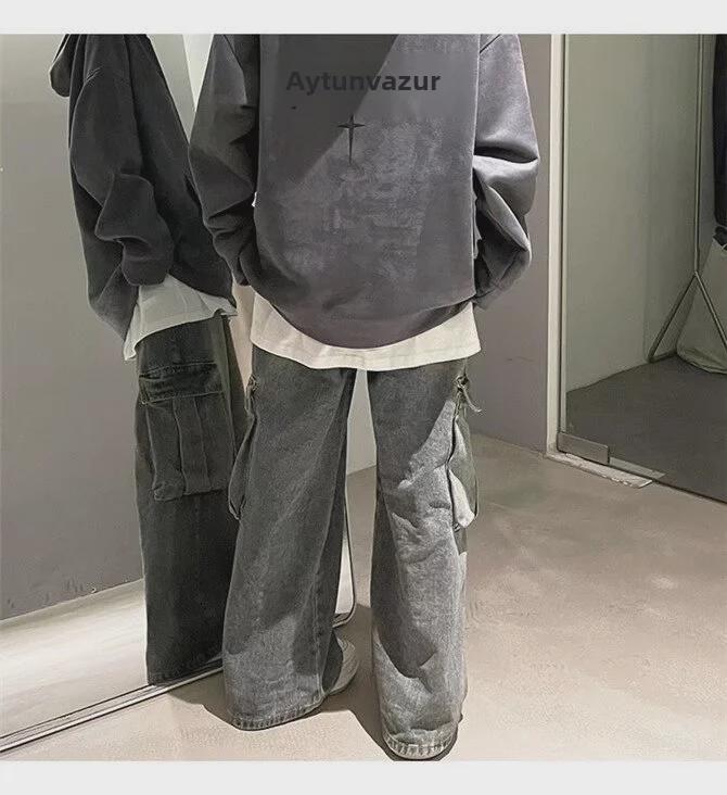 Unisex Washed Distressed Workwear Denim Multi-Pocket Jeans for Autumn/Winter 2024