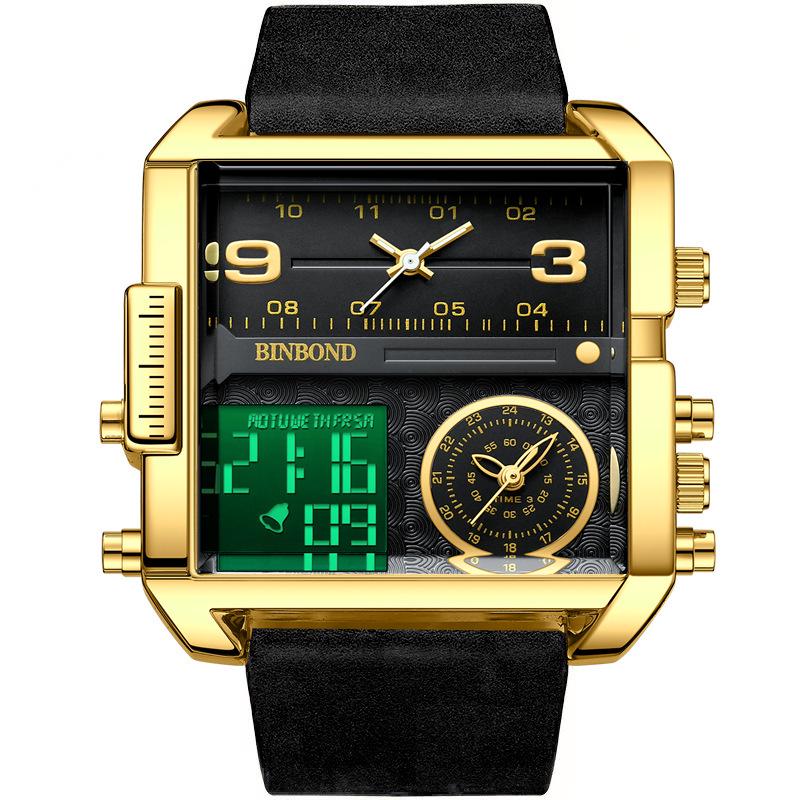 Binbang Fashion Men's Domineering Quartz Watch with Large Square Dial and Triple Display
