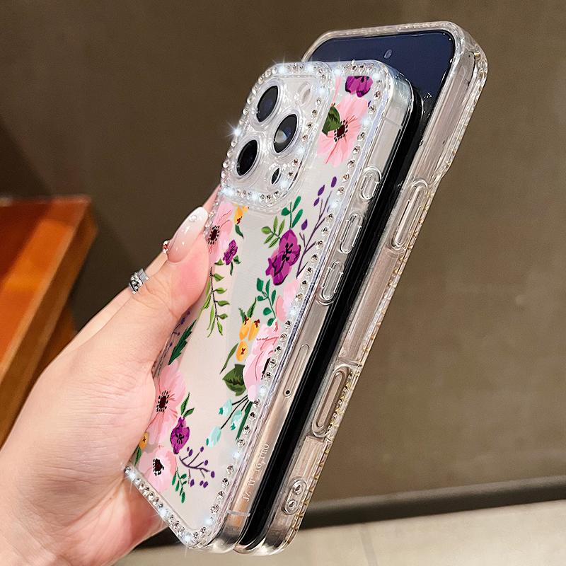 Floral Pattern Clear Shockproof Phone Case For iPhone 16E 16 Pro Max 15 Pro 14 13 12 11 Diamond Frame Anti-Fall Soft Silicone Bumper Cover
