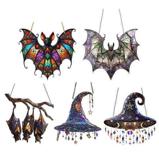 Halloween Colorful Bat Hanging Decoration Stained Glass 2D Flat Acrylic